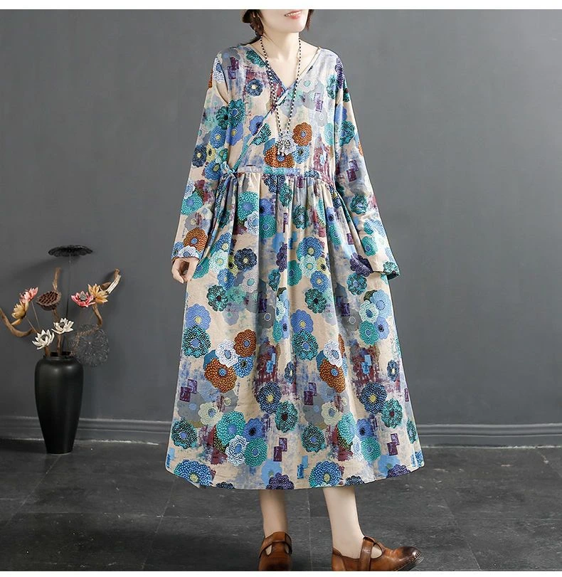 6512#文艺复古棉麻碎花长袖连衣裙女2024秋季斜襟V领系带长裙