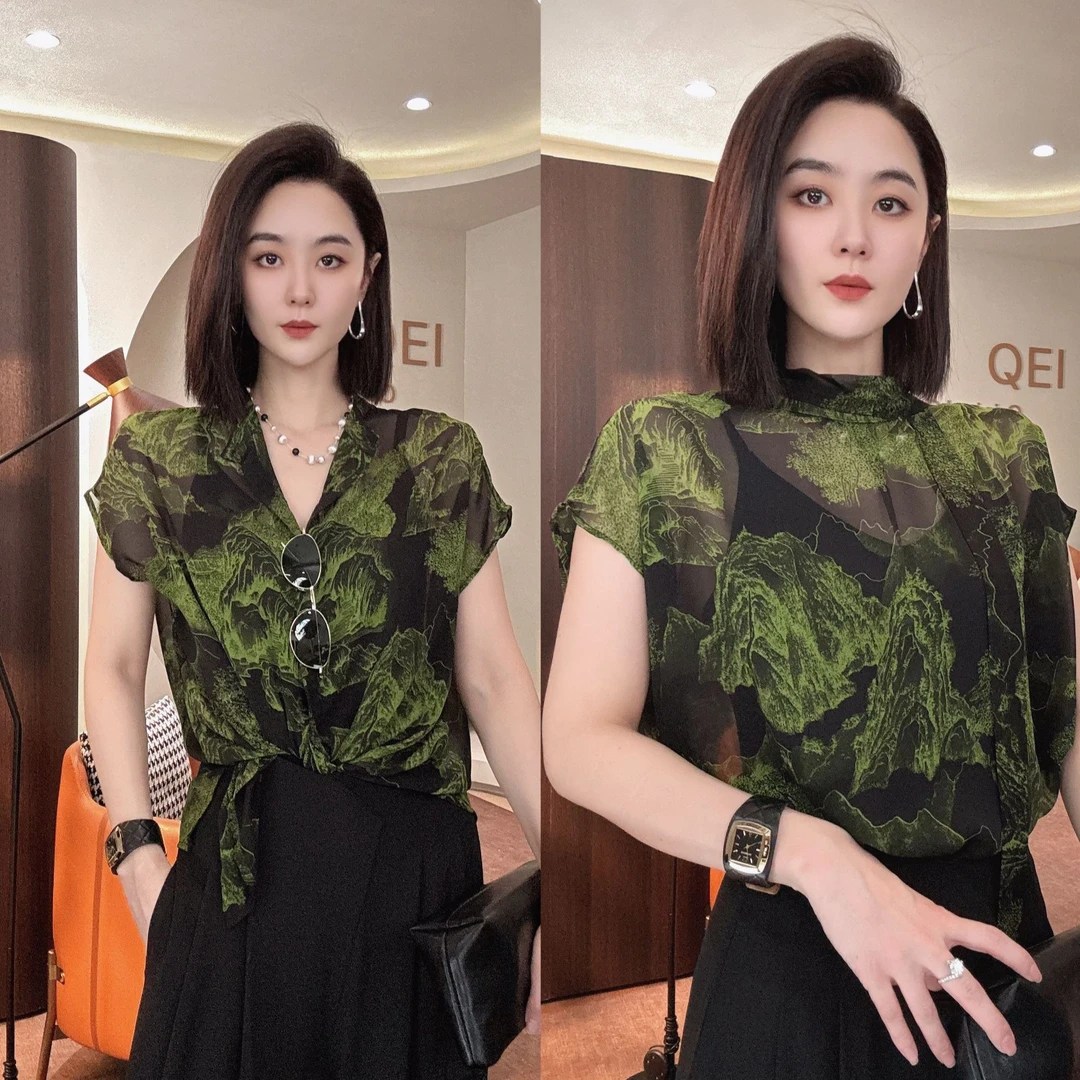 【正反两穿】MORELAN原创复古印花舒适薄纱立领飘带无袖上衣252883