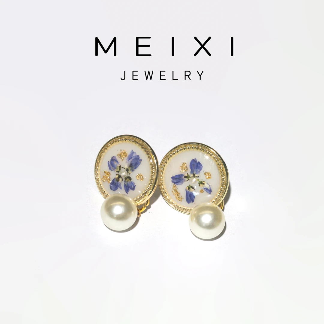 非金属树脂耳饰 植物压花白底蓝花重工款时尚耳钉饰品精致insC14