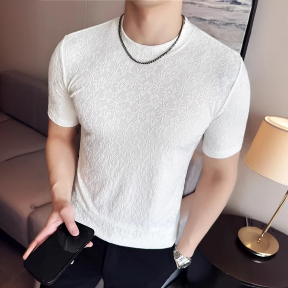 菲因尼敦夏季男士短袖T恤时尚潮流修身百搭高级感提花冰丝圆领衫