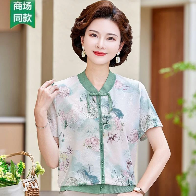 俞兆林品牌新中式妈妈夏装短袖国风小衫中老年女母亲节薄款冰丝t