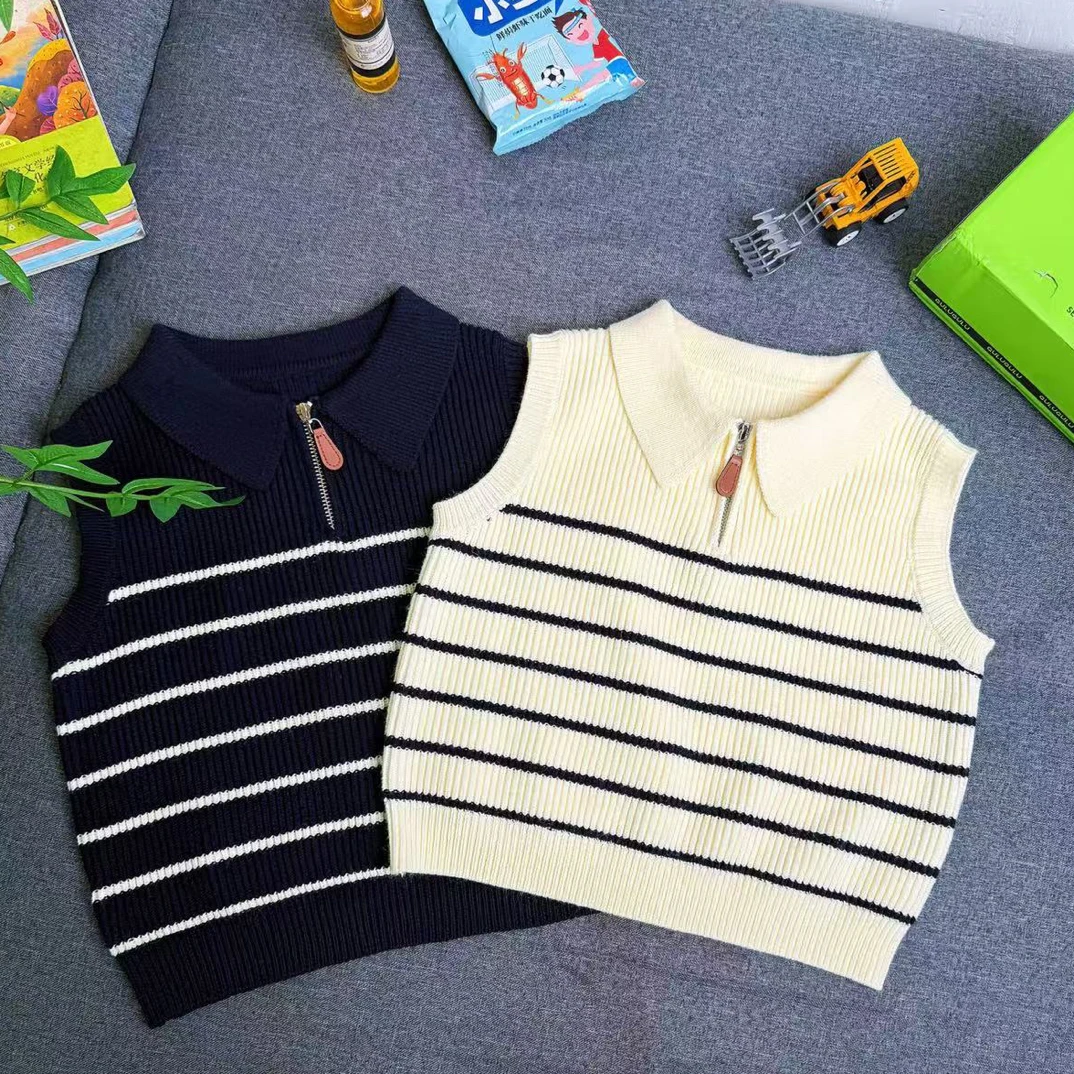 2025新款韩版针织马甲男女童百搭polo衫领休闲风拉链款条纹马甲