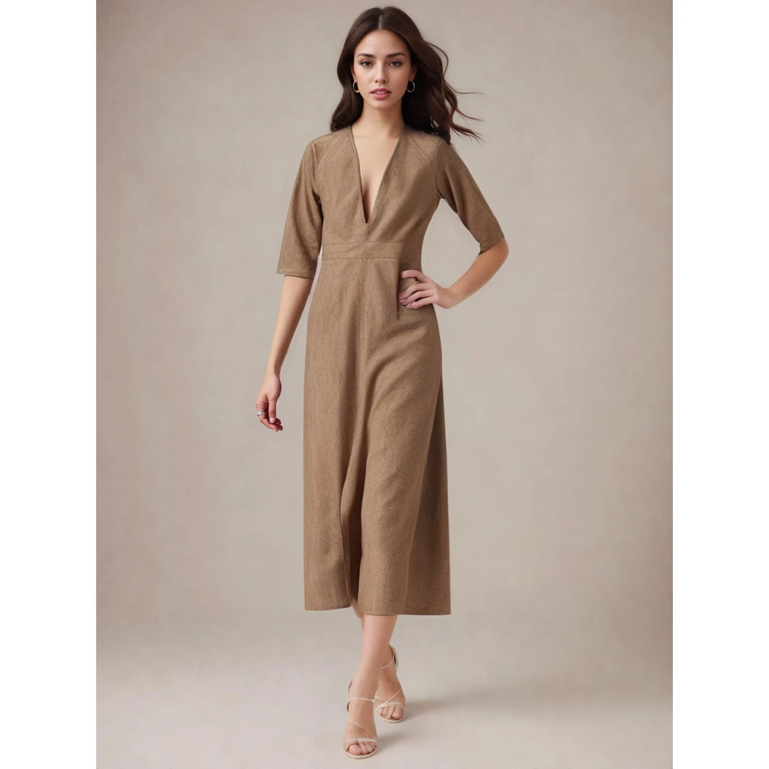 Basic House/百家好V领气质收腰休闲连衣裙 BJ468-HTDP722ICA