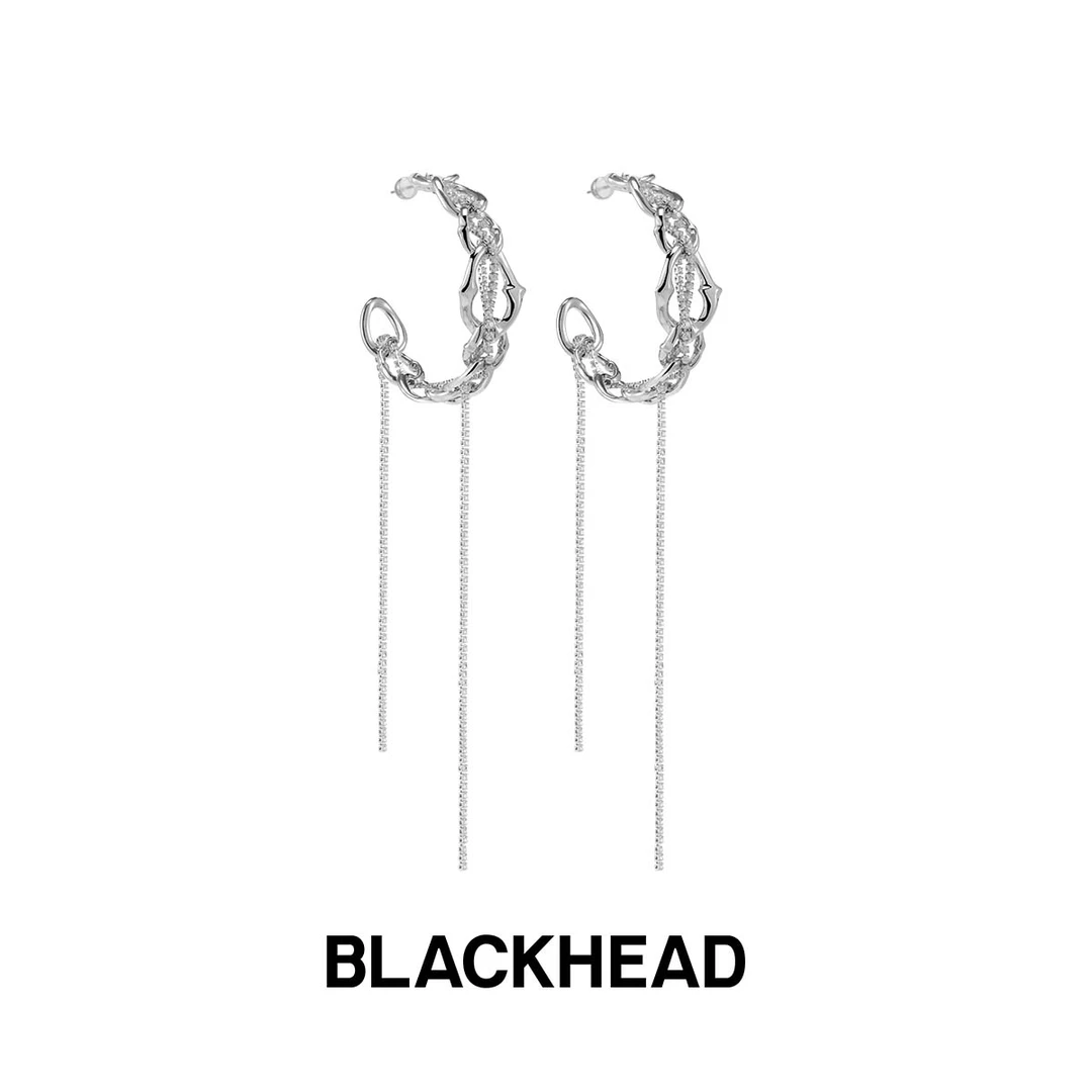 BLACK HEAD/黑头 钛钢合成锆石耳饰 骑士盔甲链条耳环