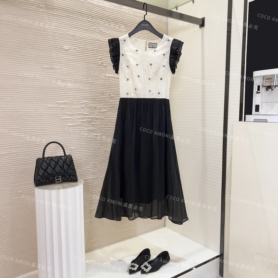 夏季时尚设计师爆款气质女装拼接亮片花朵显瘦假两件连衣裙WX1011