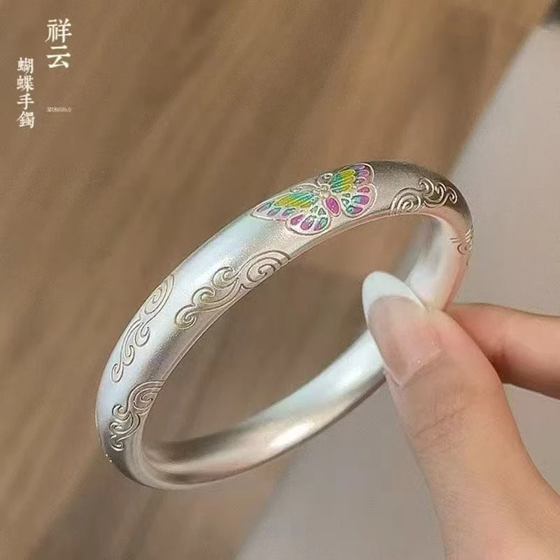 足银手镯 壹足银999蝴蝶祥云银手镯女描金珐琅彩闭口镯新中式y113