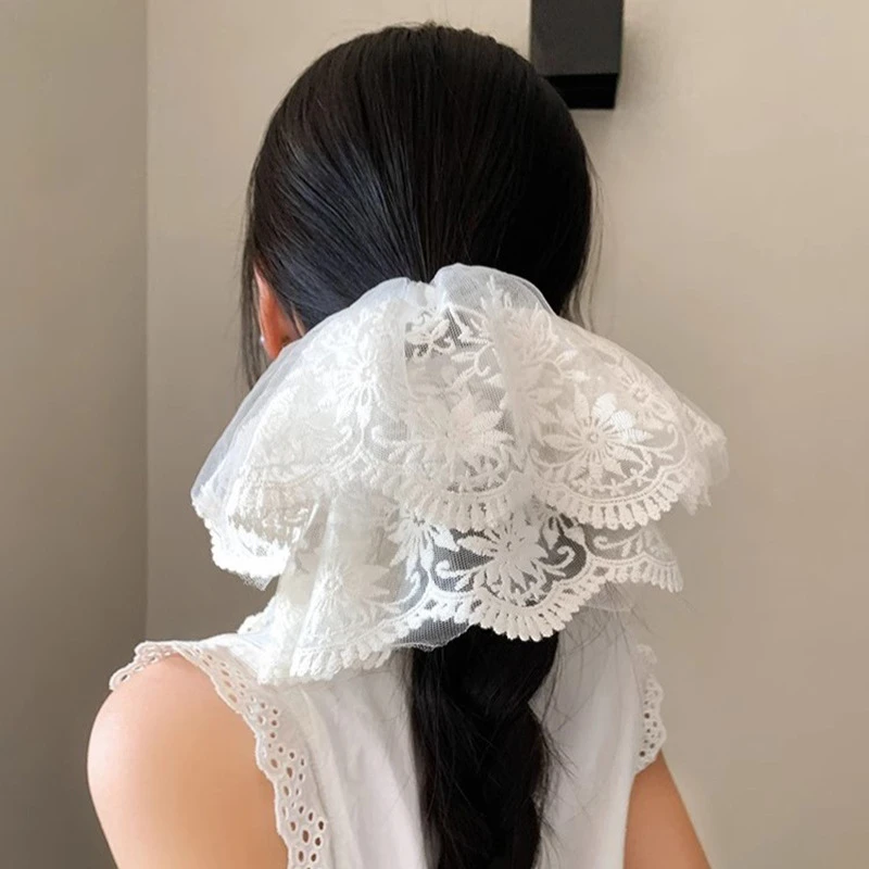 新款法式简约白色蕾丝大肠发圈女高级感百搭发饰扎头发超大头绳夏