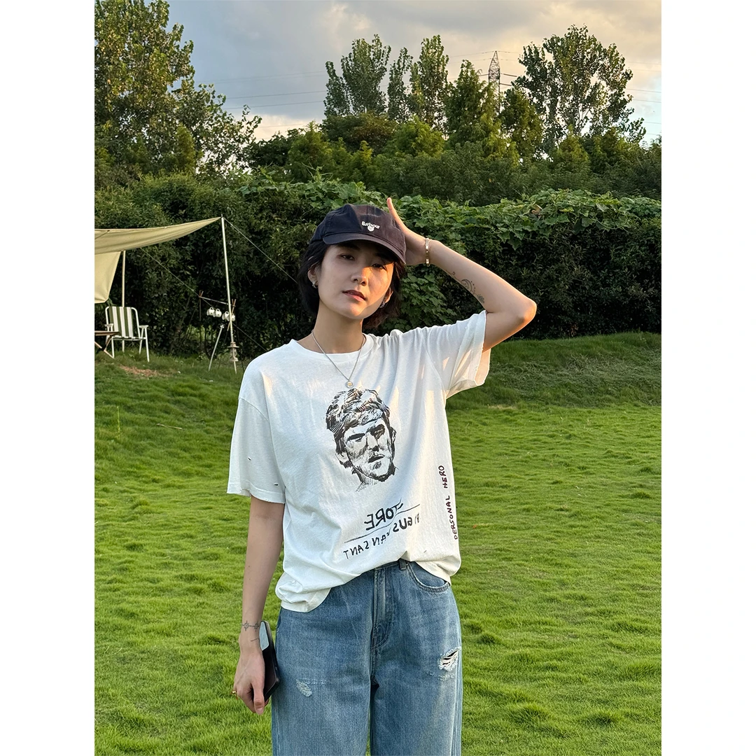 LANGQING 白色圆领休闲宽松夏季纯棉头像印花T恤45462#