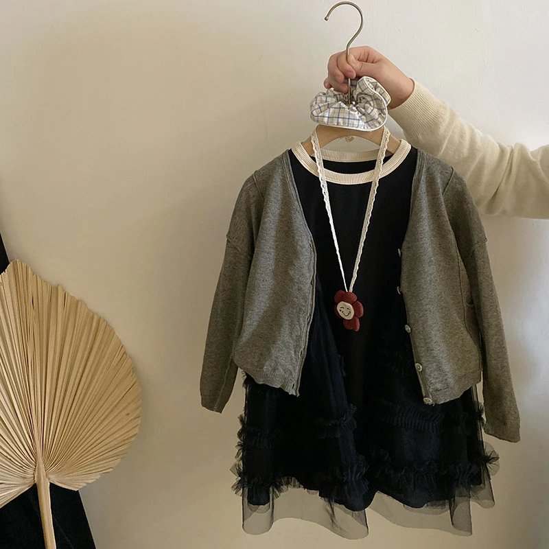 R25031韩版女童休闲纯色开衫春季新款百搭潮流网纱连衣裙潮流套装