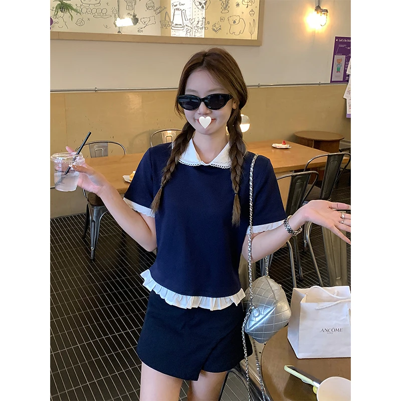 乌77学院风可拆卸娃娃领T恤女减龄百搭撞色木耳边显瘦短袖上衣春