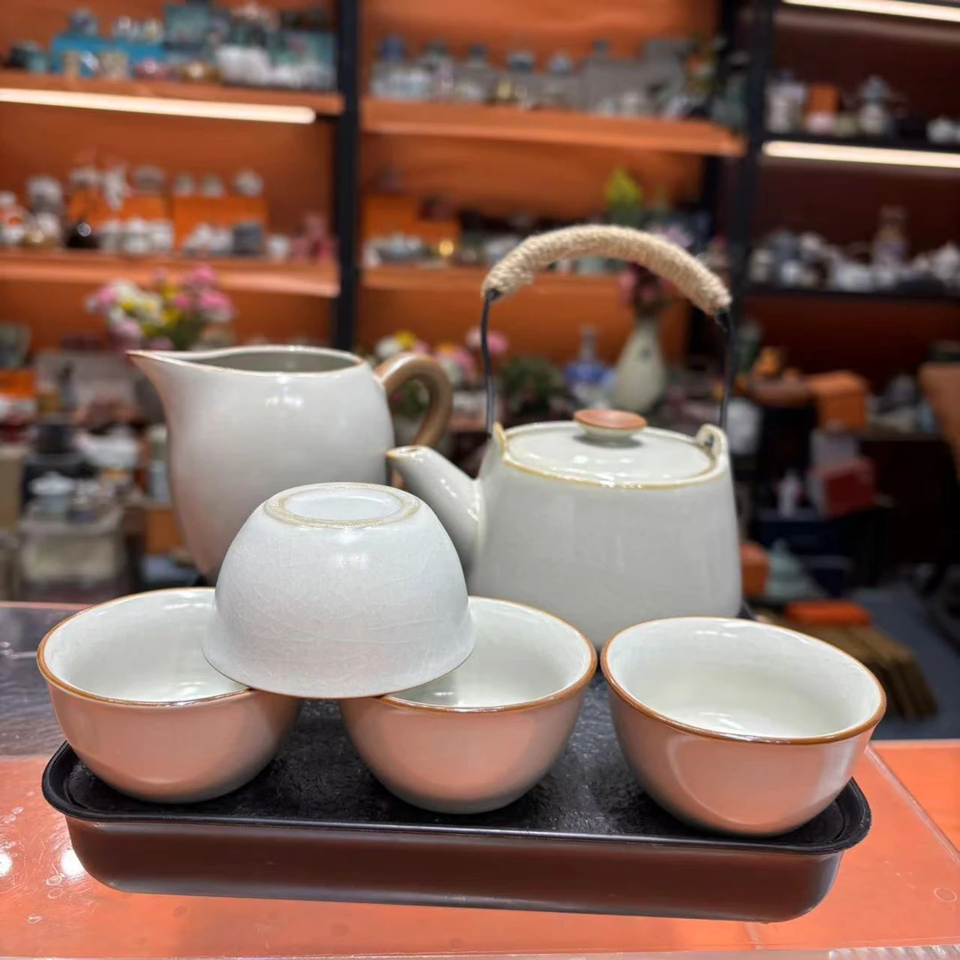 友名陶瓷 复古米黄汝窑提梁壶一壶四杯小套装家用功夫茶具-4855