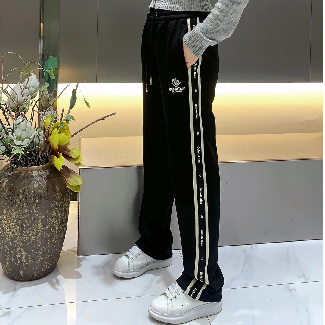 [周晓君】202冬季新款欧货男士简约休闲织带休闲直筒裤加厚拉绒