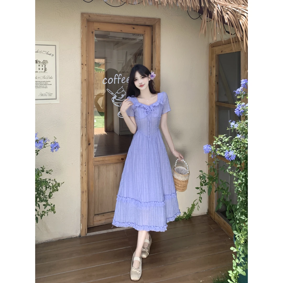 夏新款法式大码温柔风连衣裙A字方领连衣裙系带蝴蝶结显瘦连衣裙