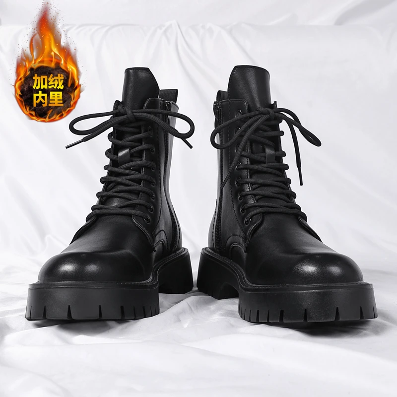 46大码男鞋高帮马丁靴男秋冬季加绒保暖厚底英伦风休闲工装皮靴45