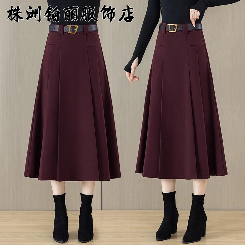 安可拉红毛呢半身裙女春秋2025新款高腰中长款a字百褶裙大摆伞裙