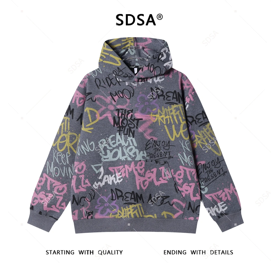 SDSA男士秋冬新款痞帅男装美式高街满印字母连帽卫衣百搭宽松上衣