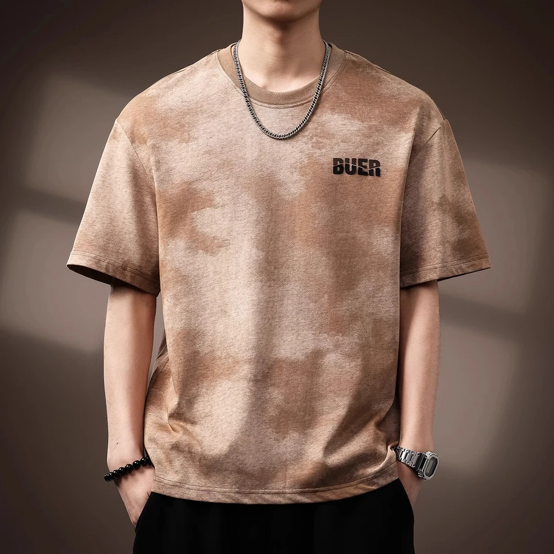 MR.MUDI/穆迪先生2025夏新款高端重磅云染短袖T恤男宽松大码复古