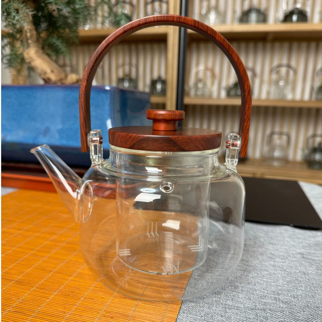 家用大容量高硼硅玻璃耐热煮茶壶泡茶壶红檀纹理设计提梁茶壶