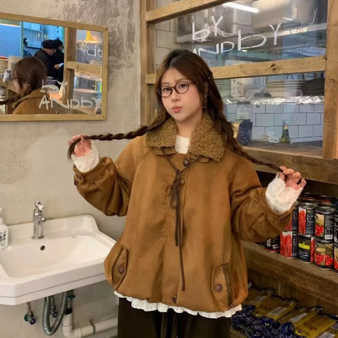 肉肉家 毛领美式时尚套装女复古短外套毛绒大衣上衣韩版套装
