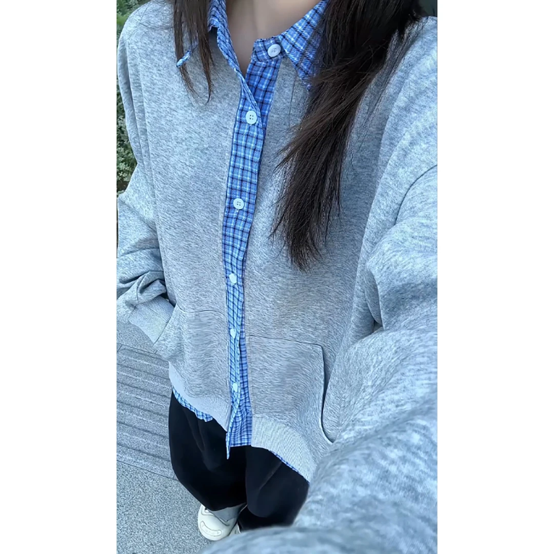 GEMINI 新品假两男女情侣拼接格子休闲卫衣百搭