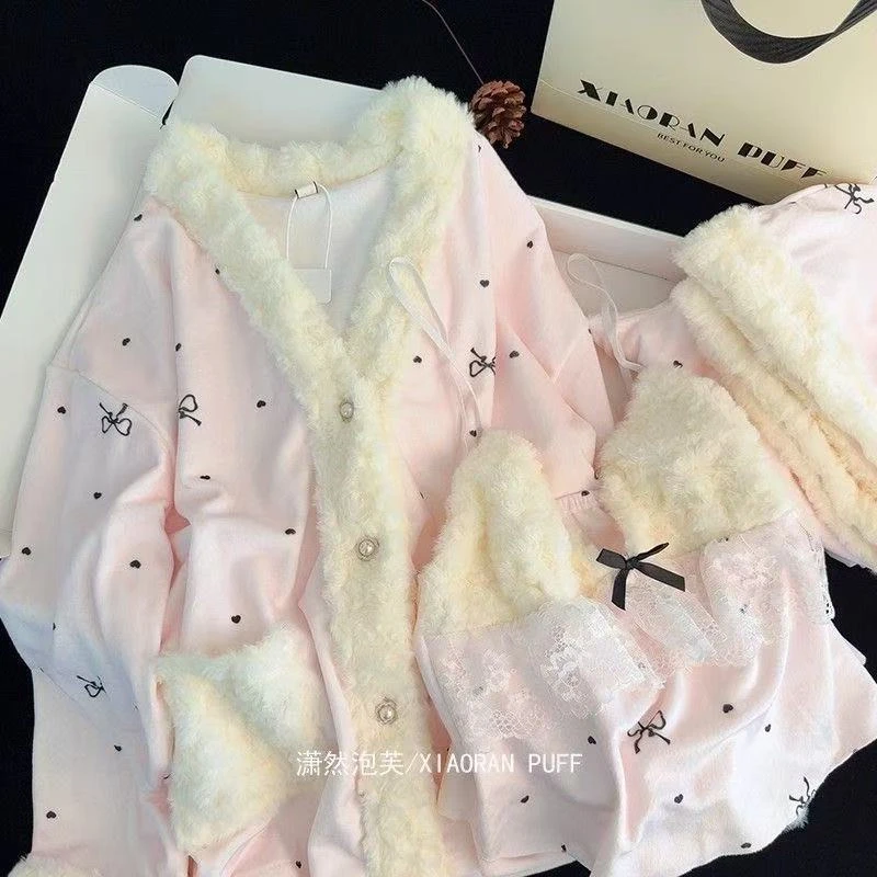 桃粉甜心三件套海岛绒睡衣女家居服可爱甜美秋冬软毛领