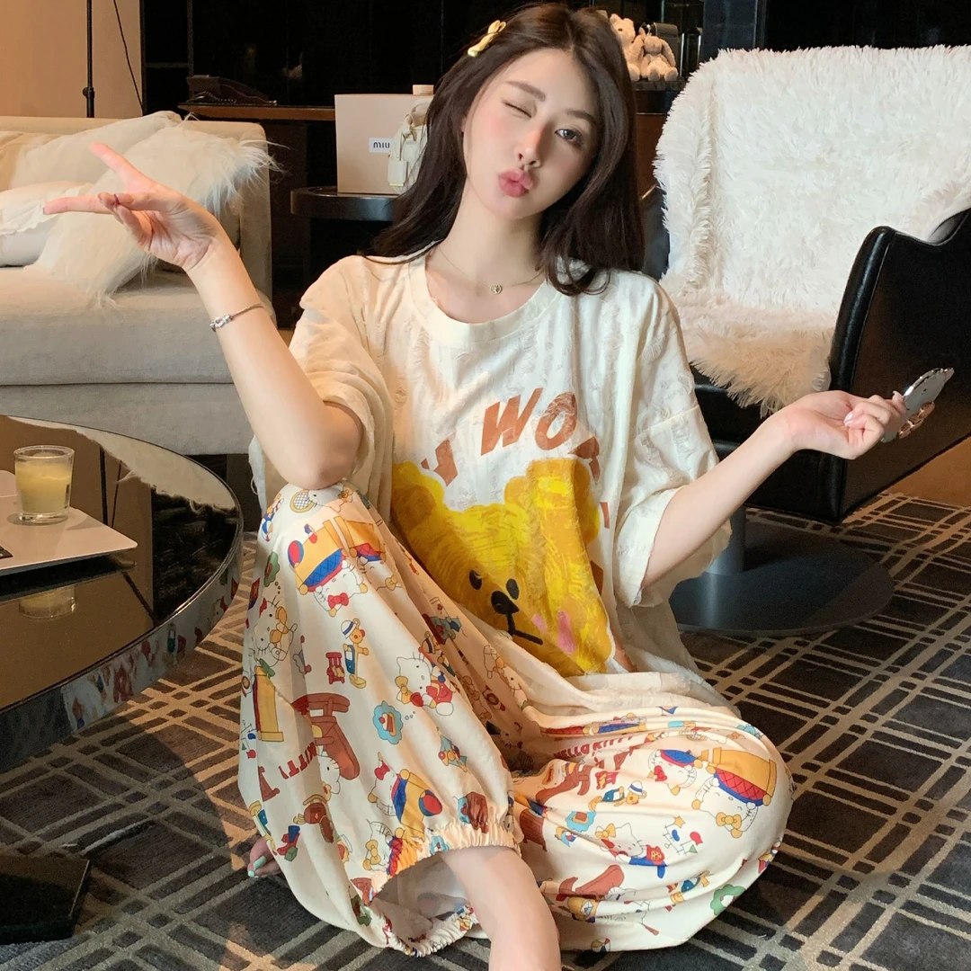 睡衣女夏季2025新款短袖三件套可外穿女士大码卡通休闲家居服