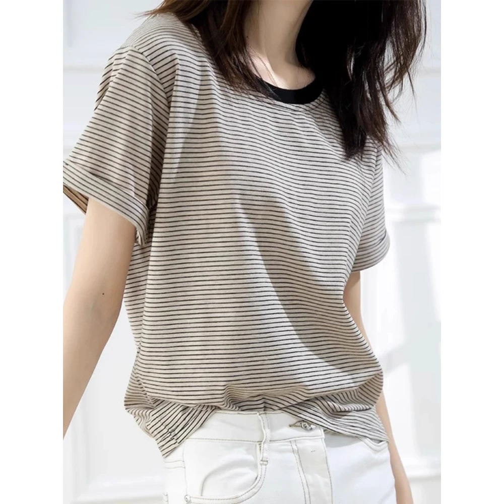 撞色条纹短袖t恤女2025新款夏日ootd穿搭小个子休闲宽松正肩上衣