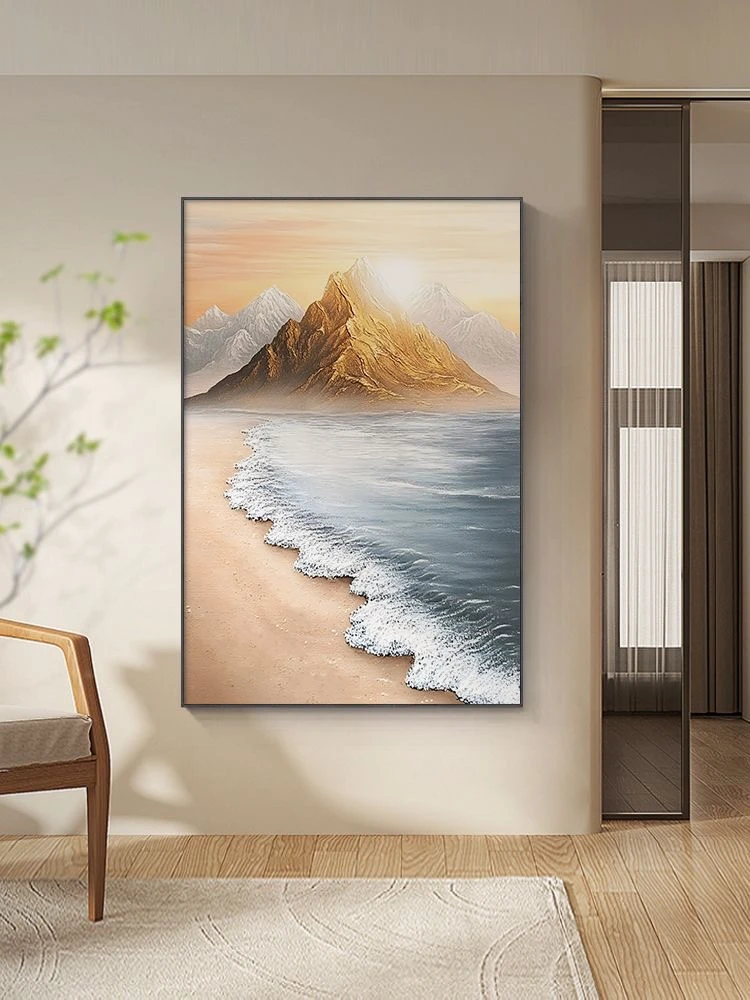 手绘日照金山油画玄关挂画客厅壁画肌理高级感风景轻奢装饰画-