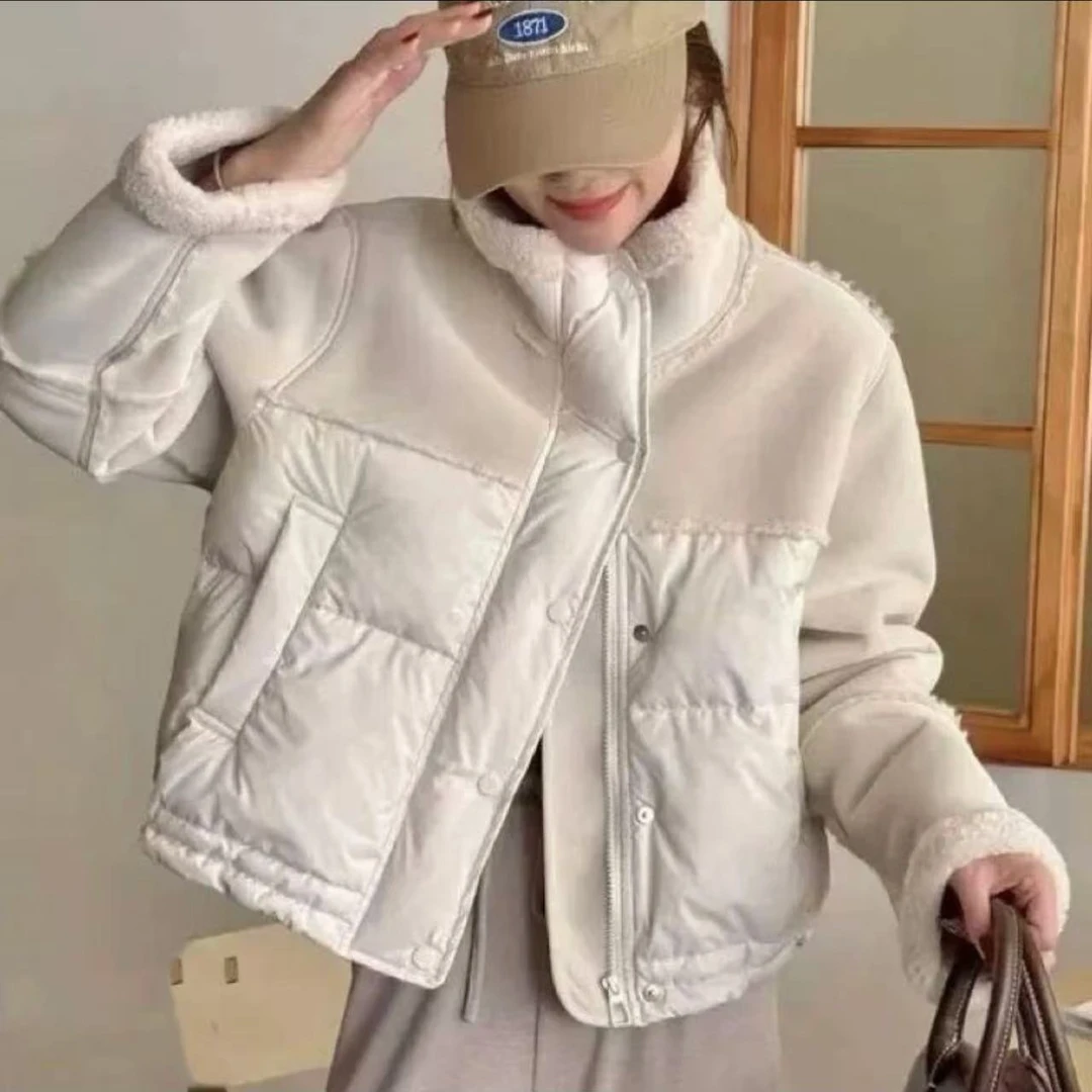 皮毛一体拼接立领棉服外套女2024冬季新款时尚减龄百搭保暖外套