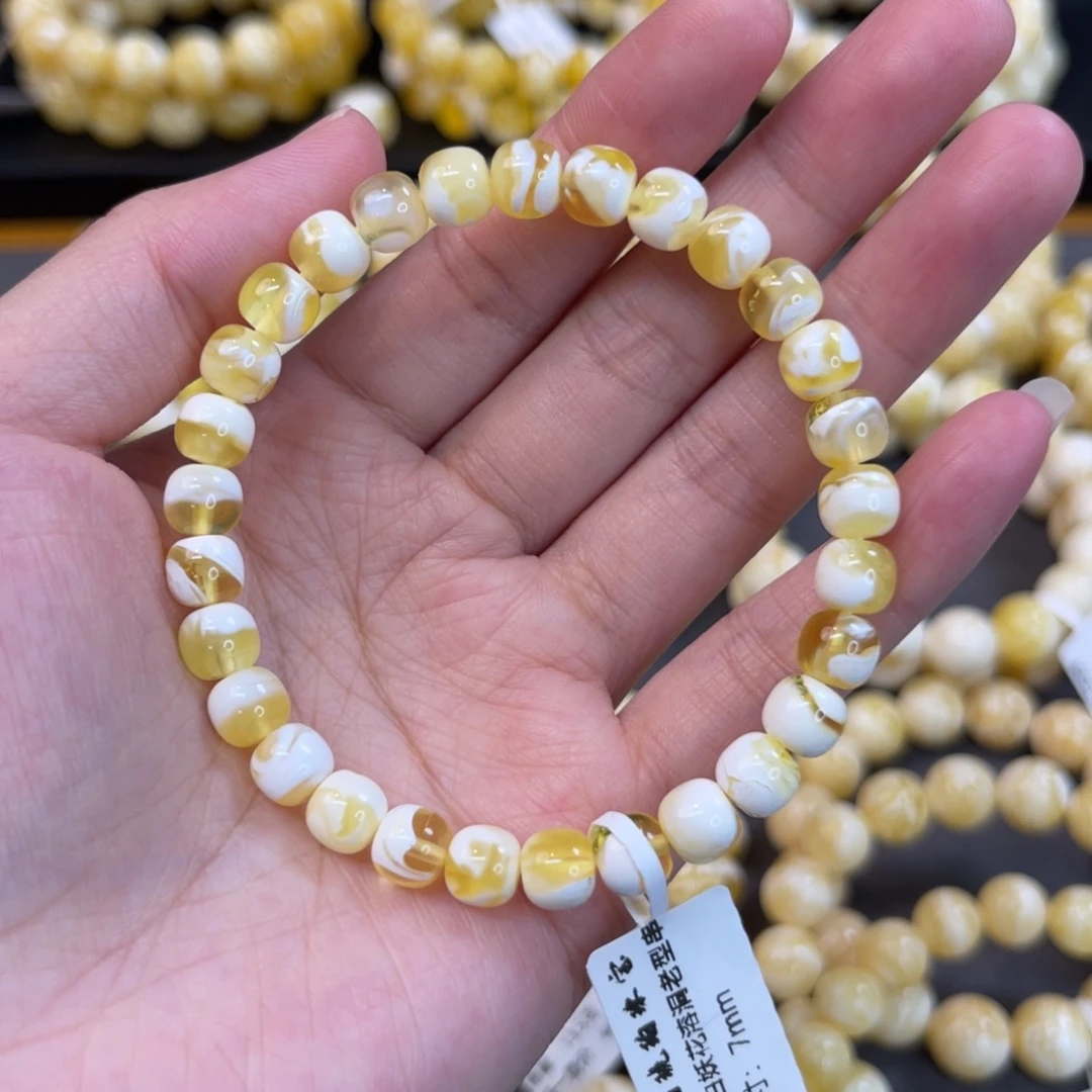 蜜蜡未镶嵌手链7*6.5mm金漆白溶洞妖花