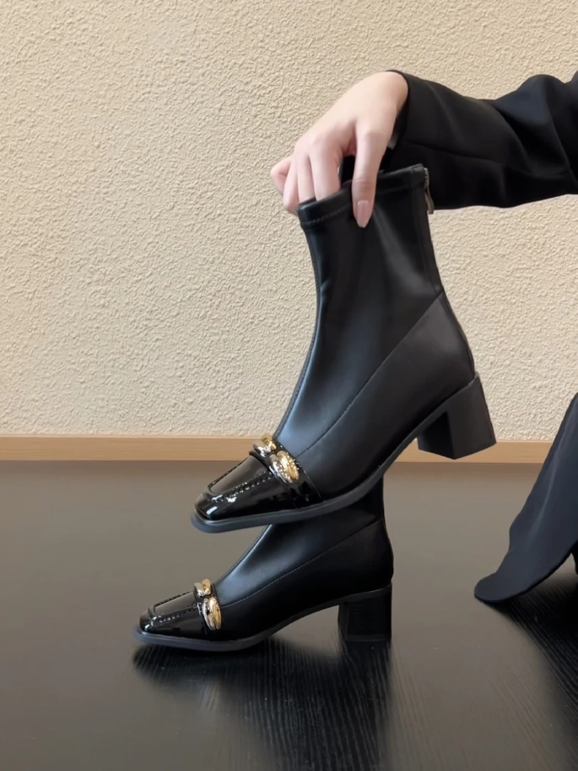 Pokoy-6cm法式方头后拉链通勤短靴复古铆钉静音底弹力瘦瘦靴