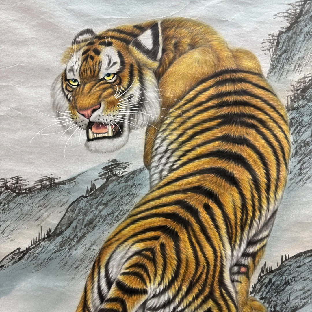 精品 宣纸 工笔 上山虎 六尺 手绘国画