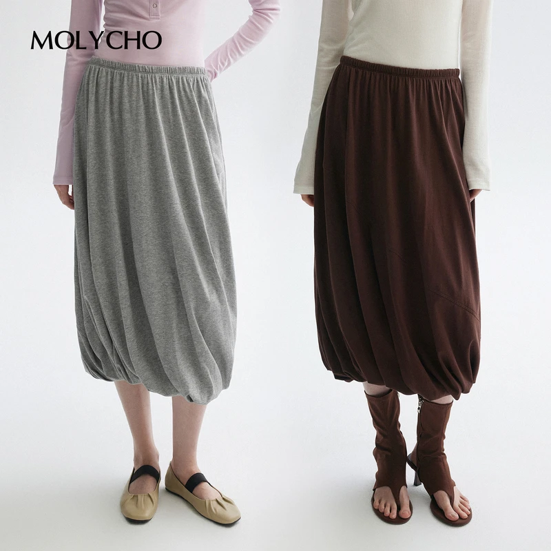 MOLYCHO｜都市游牧风_设计感松紧腰花苞裙女_百搭廓形百褶半身裙