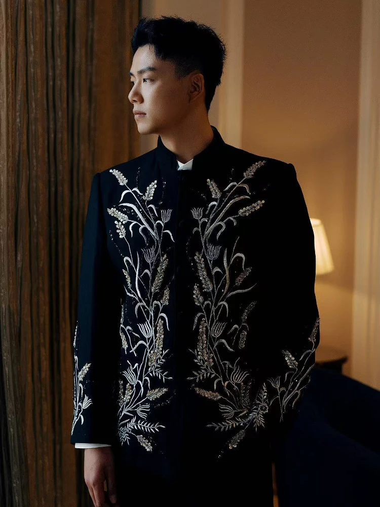 高戈同款立领重工麦穗绣花中山装男士改良新中式高级感西装外套男