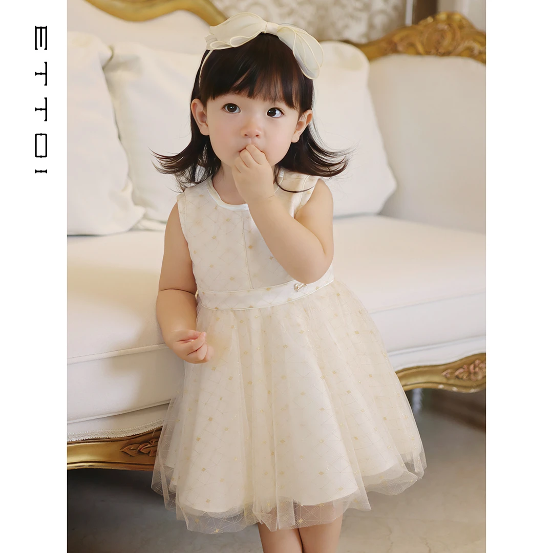 ETTOI秋季新款千金风重工网纱无袖蓬蓬A字礼服连衣裙