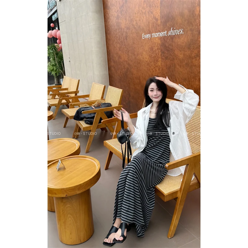 【小静精选】【春款】春季慵懒风条纹吊带连衣裙衬衣两件套套装