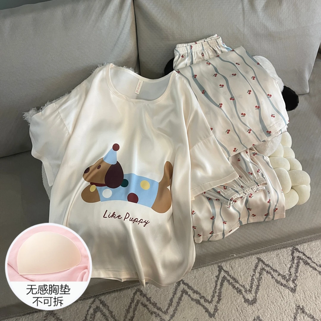 睡衣女夏季冰丝短袖长裤三件套装带胸垫凉感2025新款蓝衣狗家居服