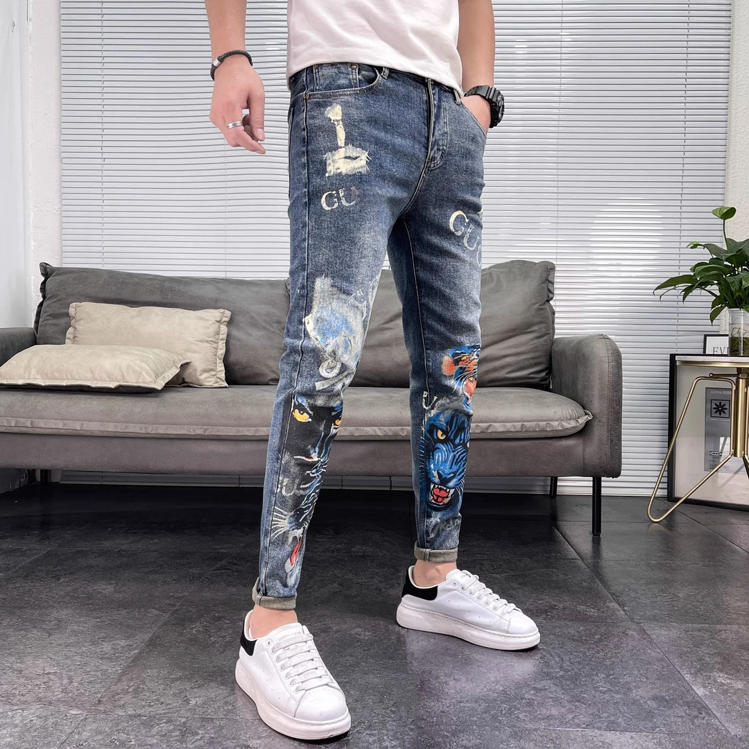 2024秋季新款爆款时尚印花牛仔裤男潮流潮牌修身百搭小脚网红长裤