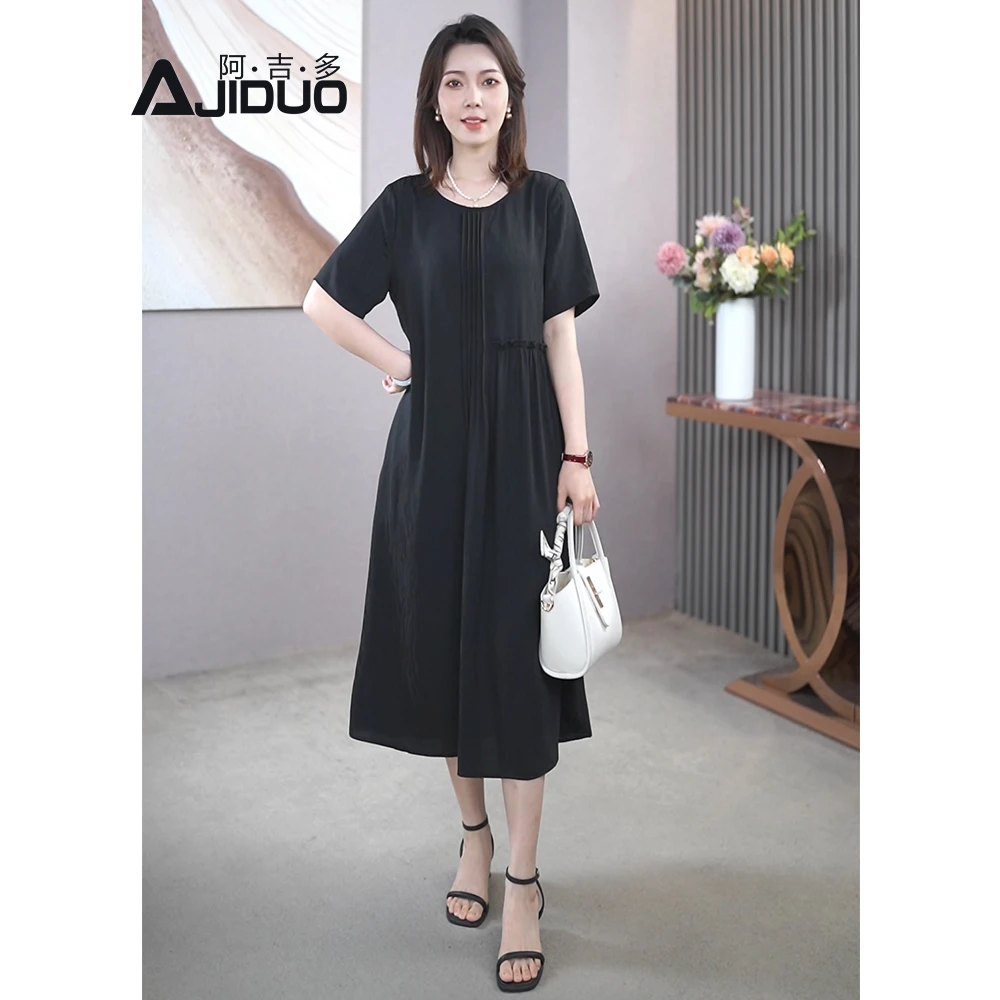 时尚不规则拼接短袖连衣裙女夏季新款宽松显瘦妈妈装气质大码裙子