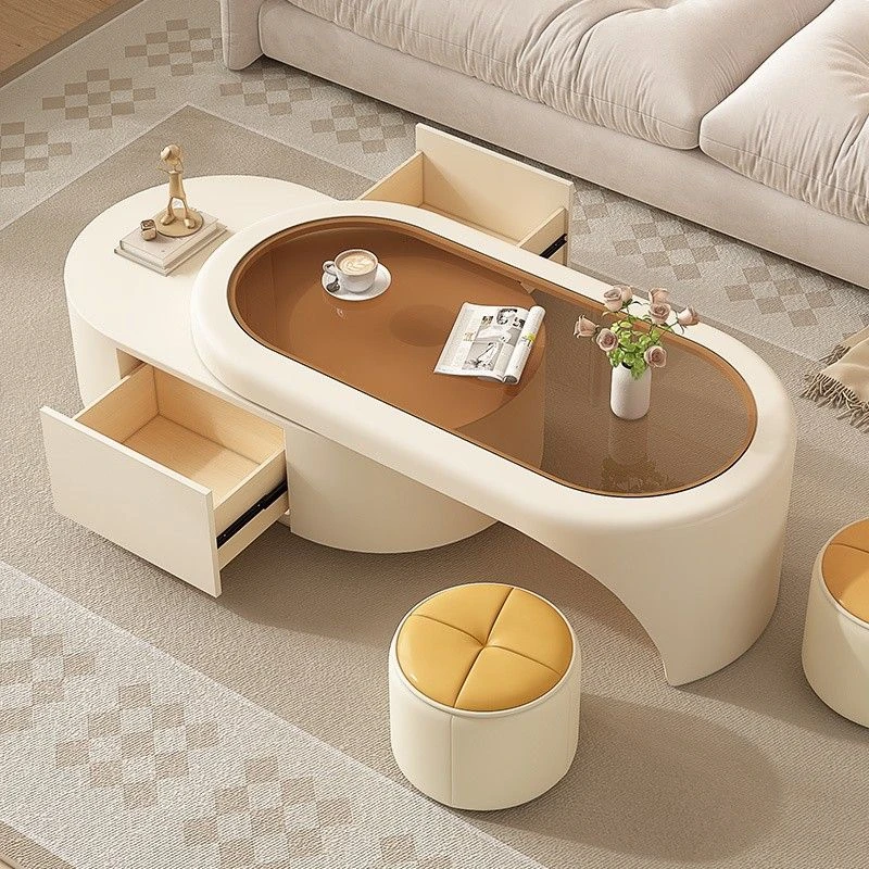 茶几客厅家用实木新款奶油风小户型简约可折叠钢化玻璃茶桌组合