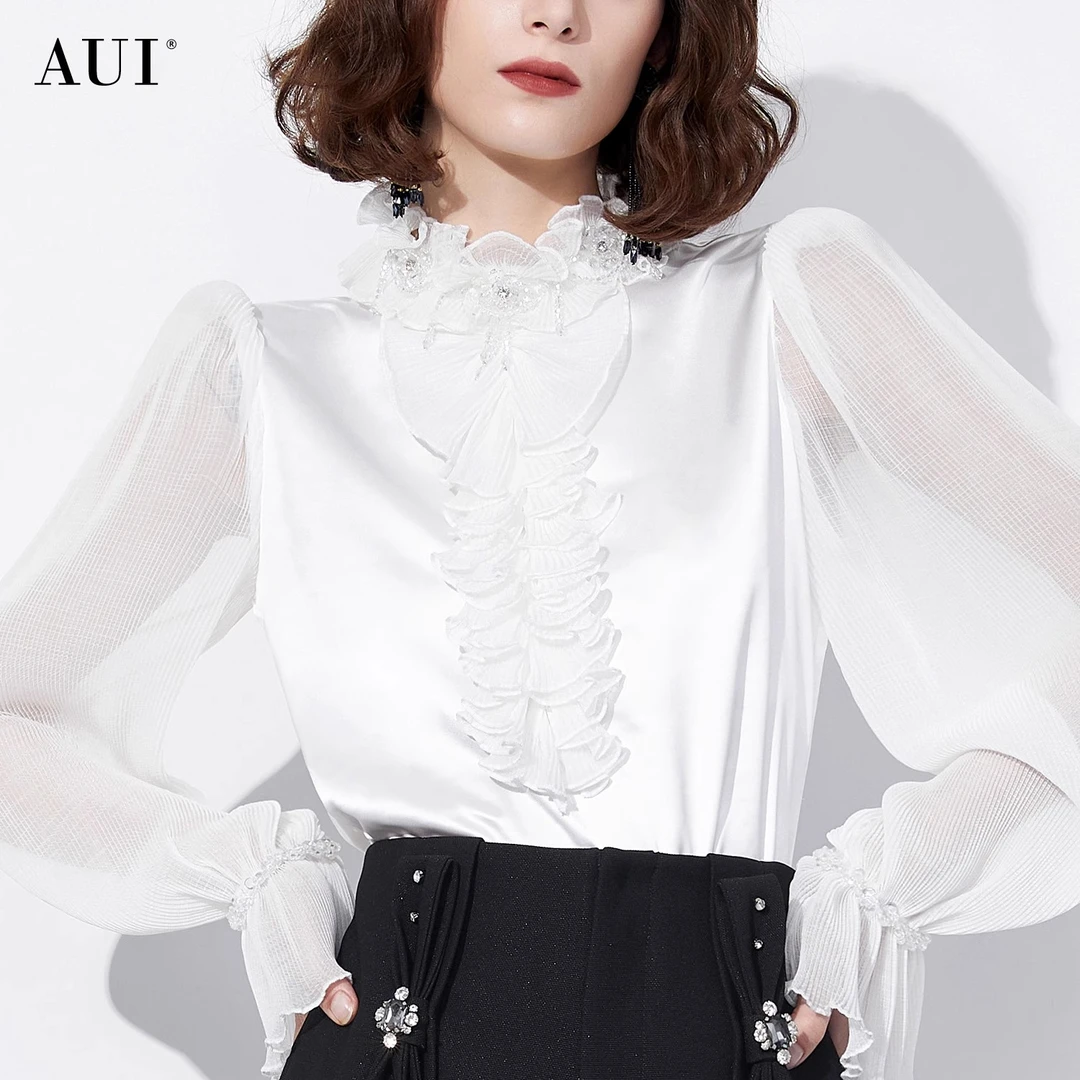 【彭彭echo专属】AUI白色御姐长袖衬衫钉珠圆领衬衣-23Q052800