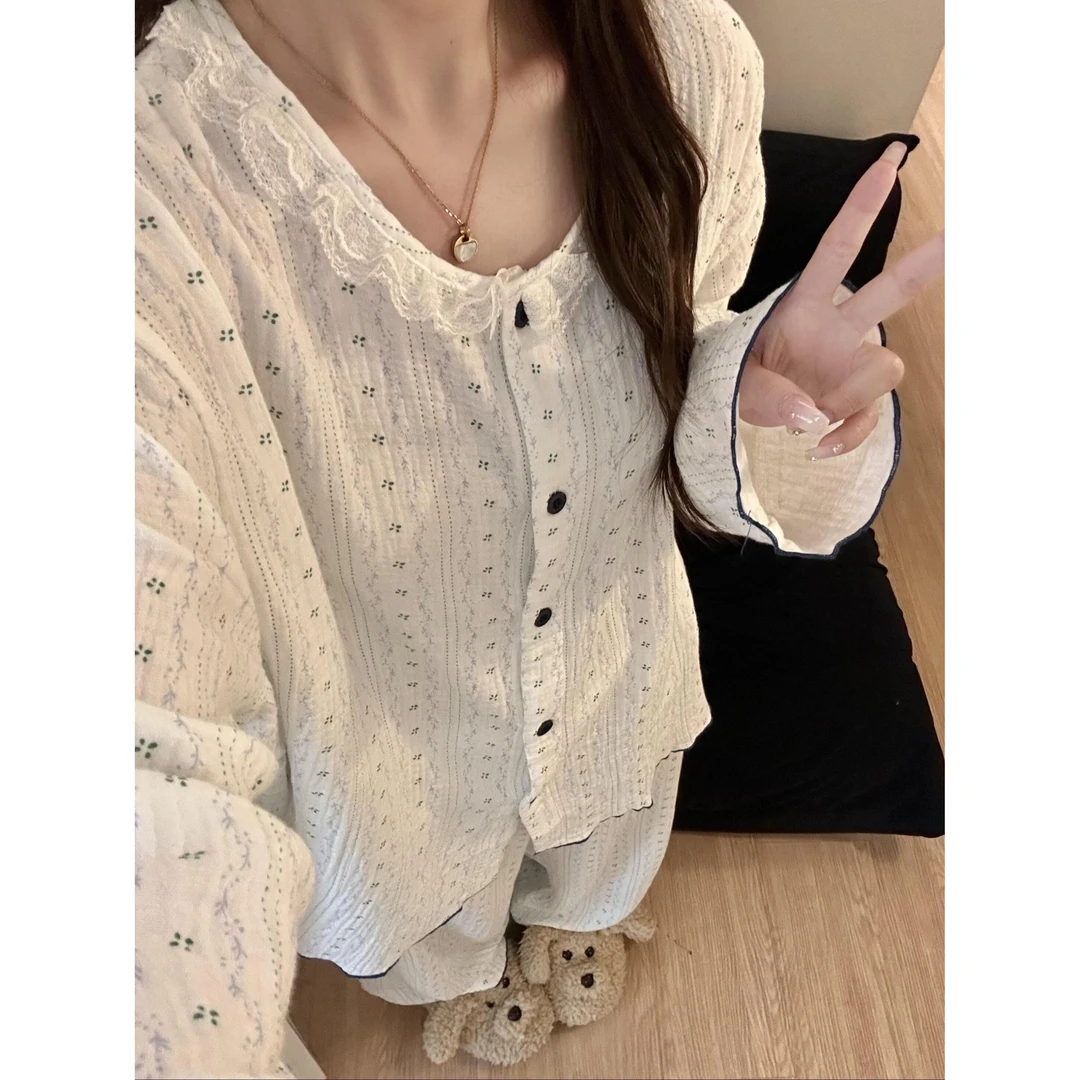 甜美拼接蕾丝花边睡衣女款秋季2025新款长袖长裤家居服套装可外穿