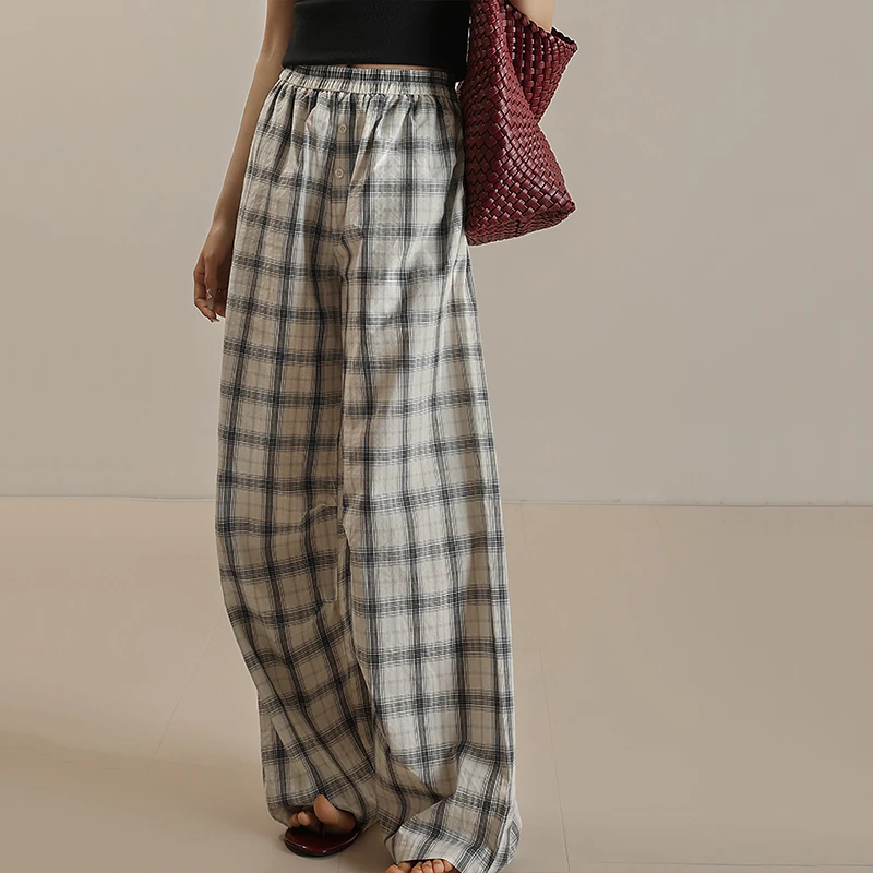 春夏薄款盐缩水洗100棉黑白格子裤休闲阔腿裤直筒宽松松紧腰5172