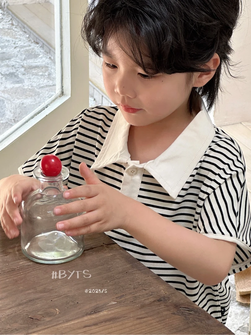 中性撞色小童夏季夏装POLO衫童装休闲吸汗短袖条纹套装
