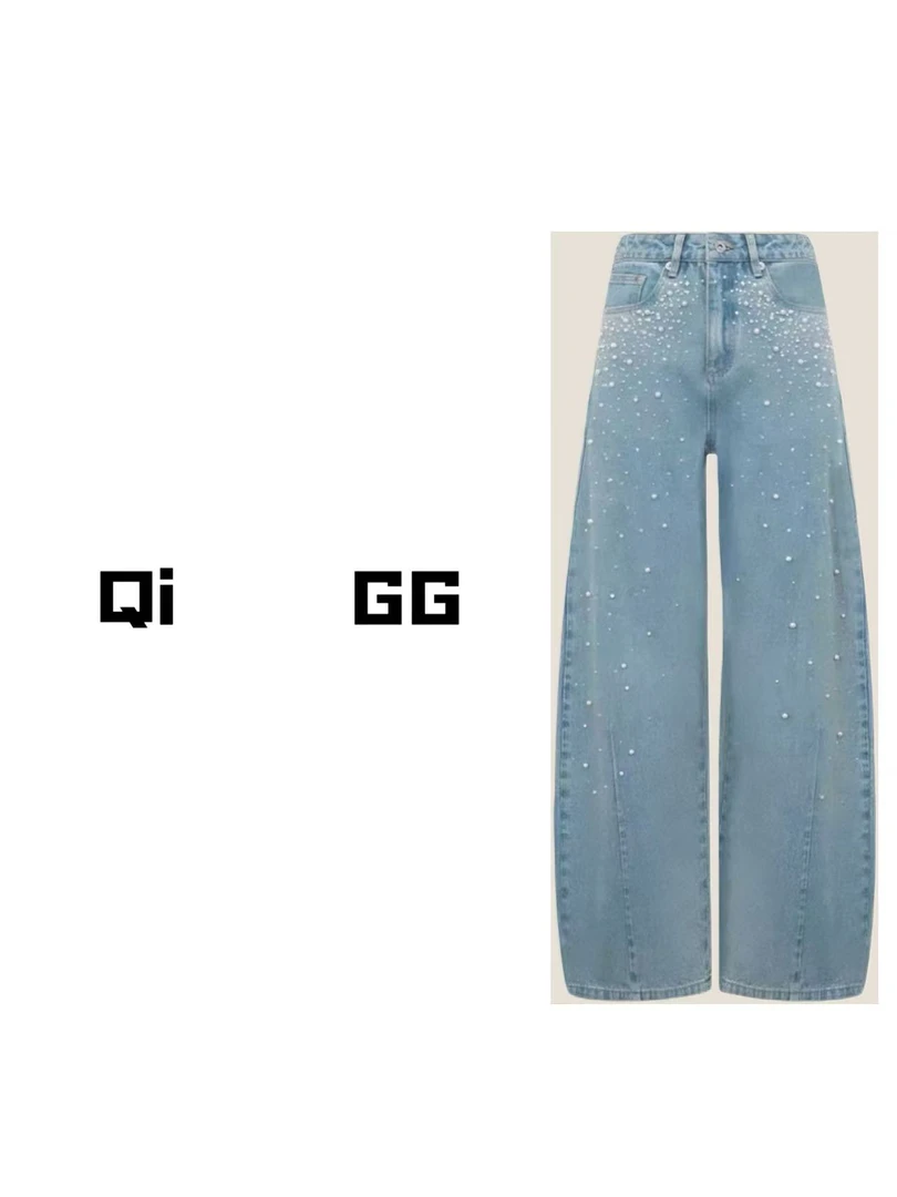 【Qi    GG】秋季休闲风珍珠牛仔阔腿裤