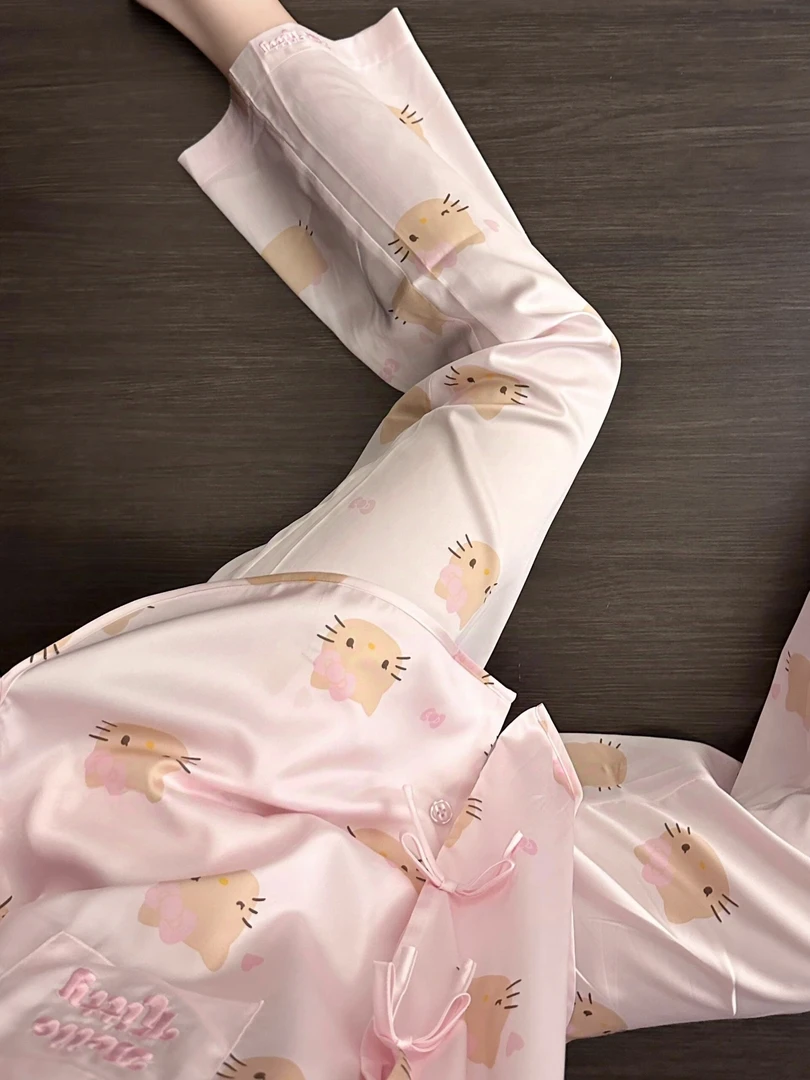 Kitty印花冰丝可爱睡衣女款2025新款夏季家居服甜美长袖长裤套装