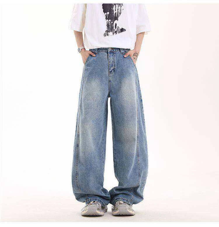128美式水洗牛仔裤男女同款春季宽松阔腿百搭弯刀裤