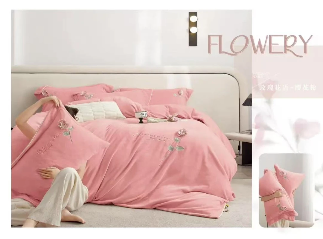 七格格专属蚕丝绒手工花刺绣拼角四件套高端绣花双面绒-玫瑰花语