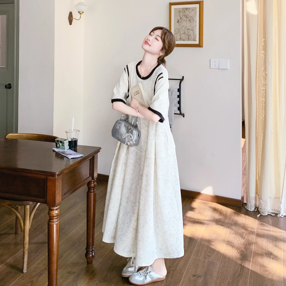 韩系设计感拼色短袖连衣裙女2025夏季新款休闲慵懒风遮肚显瘦长裙