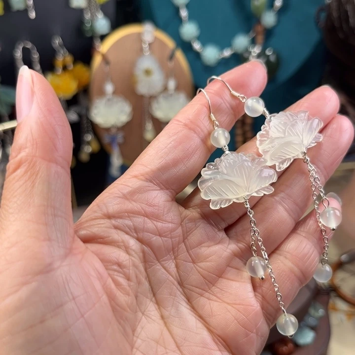 蛇纹石玉银S925镶嵌耳饰